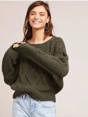 Sleeping on Snow Olive Cable Knit Sweater Cozy Cropped Pullover